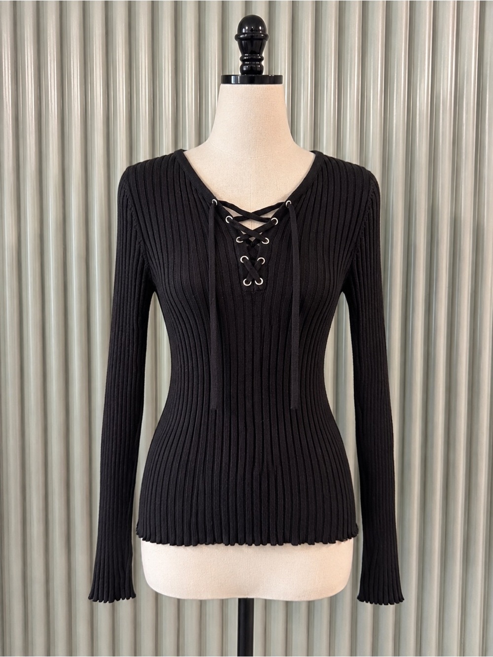Aqua Black Ribbed Lace-Up V-Neck Sweater